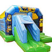 blue Minions themed bouncy castle with a slide at the front