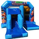 blue Super Hero themed Bouncy Castle with a slide at the front
