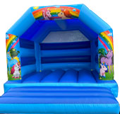 blue bouncy castle with unicorns theme 