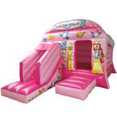 a pink princess themed bouncy castle with a slide at the front  